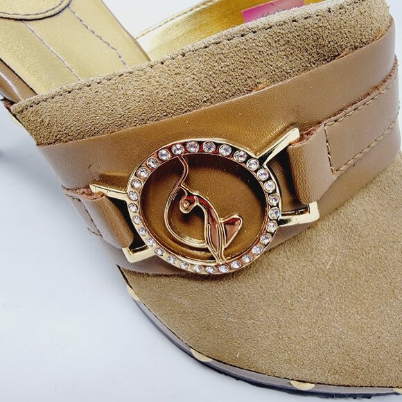 Baby Phat Tan Suede Mule Heels Gold Logo Buckle Rhinestone Studded Shoes sz 9 - Picture 7 of 7